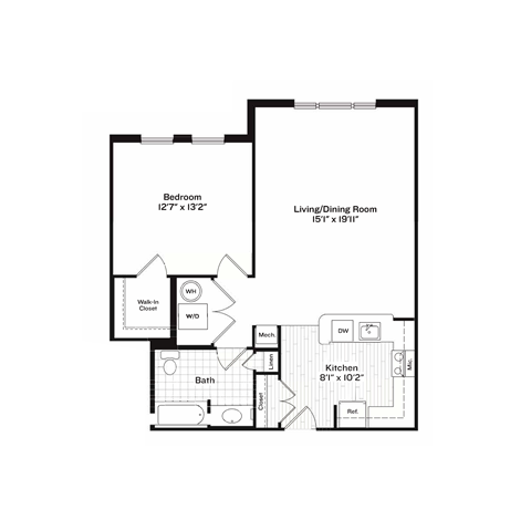 Floor plan for 1 bed, 1 bath, 830 sqft